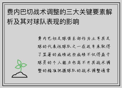 费内巴切战术调整的三大关键要素解析及其对球队表现的影响